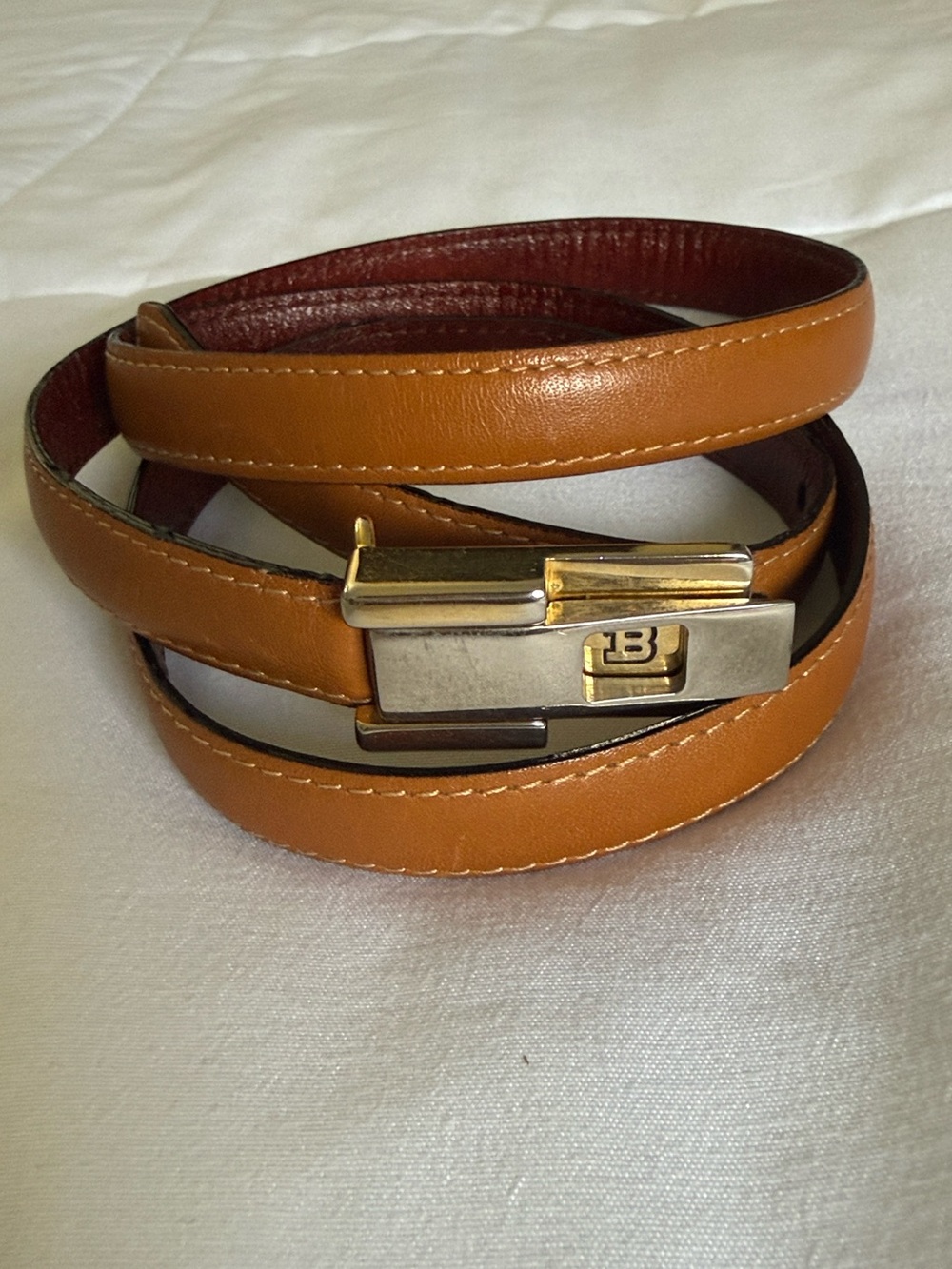Bally Vintage Women Tan Leather Belt Two Tone Metal Buckle